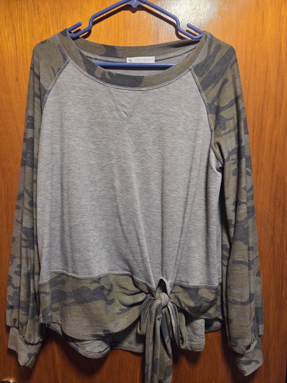Gray & Olive Camo Tie-Front Sweatshirt